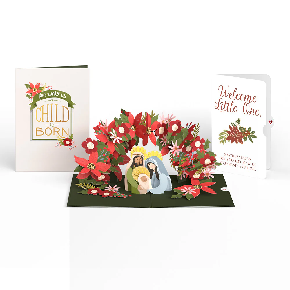 A Child Is Born Christmas Pop-Up Card and Poinsettia Sentiment Set for Baby