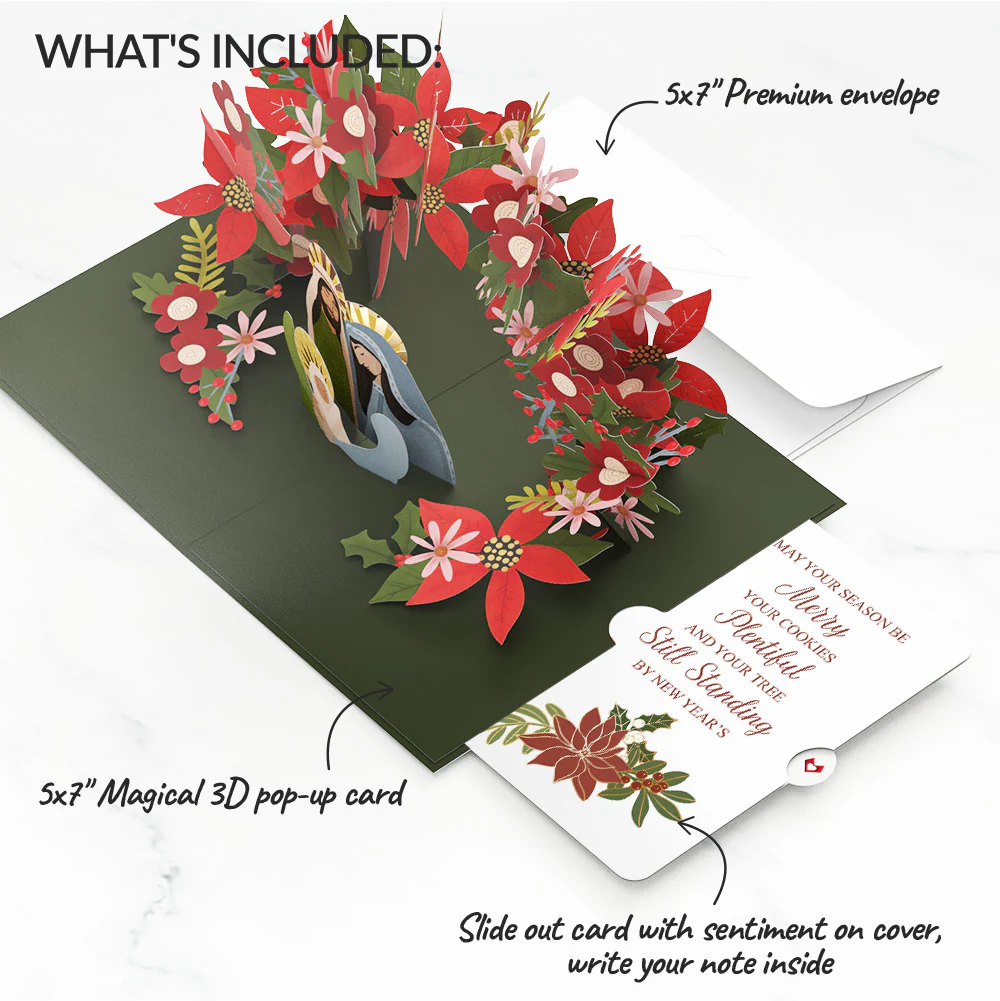 A Child Is Born Christmas Pop-Up Card and Poinsettia Merry & Plentiful Sentiment Set - Image 2