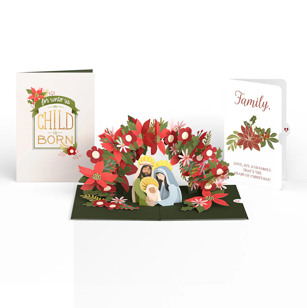 A Child Is Born Christmas Pop-Up Card and Poinsettia Blooming Love Sentiment Set for Family