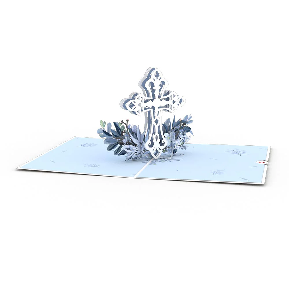 Blue Floral Cross Pop-Up Card - Image 3