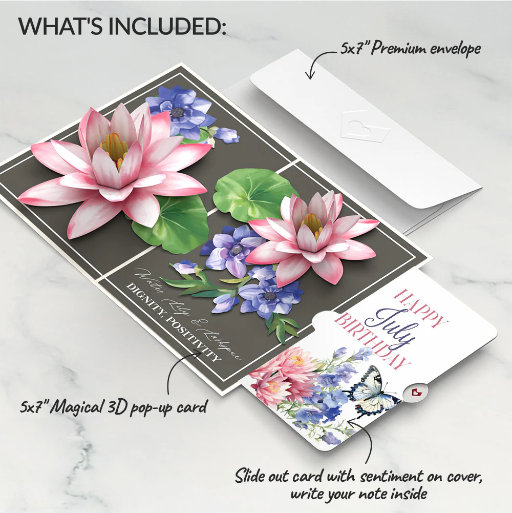 Born to Bloom: July Birth Month Flowers Pop-Up Card and Water Lily & Larkspur Sentiment Set - Image 2