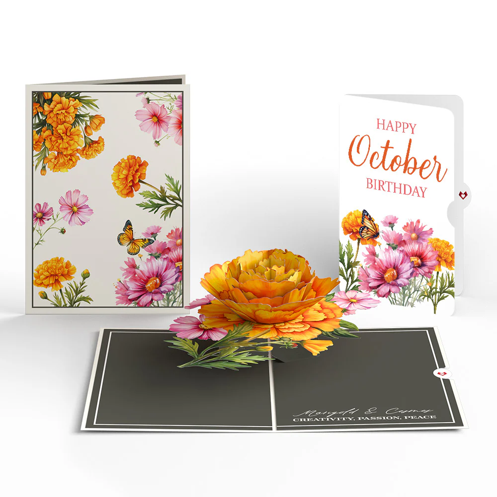Born to Bloom: October Birth Month Flowers Pop-Up Card and Marigold & Cosmos Sentiment Set