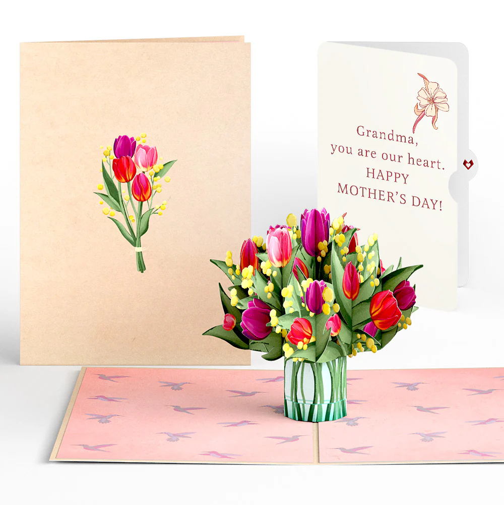 Cheerful Tulips Mother's Day Pop-Up Card and You Are Our Heart Sentiment Set for Grandma