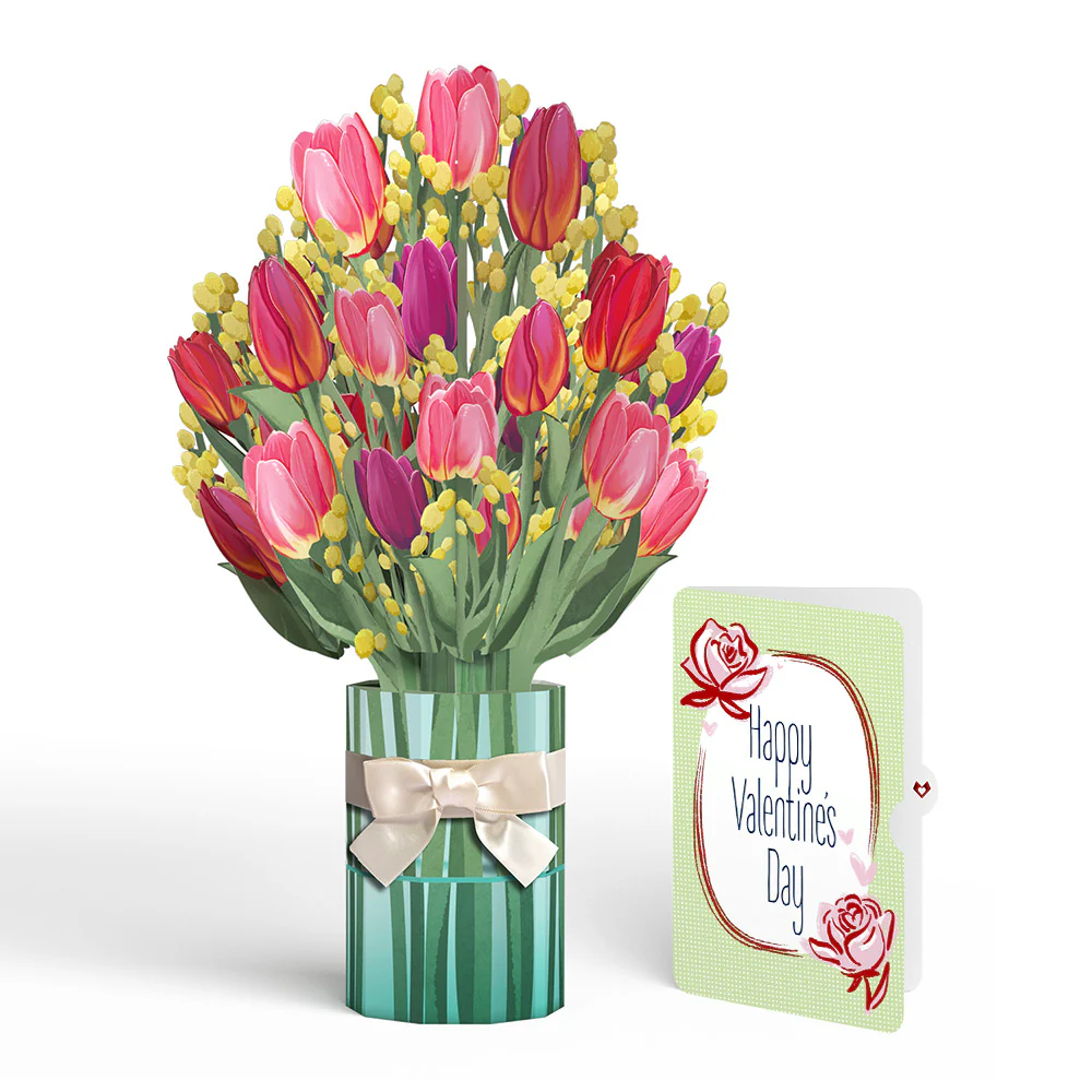 Cheerful Tulips Valentine Bouquet and Sweet Rose Sentiment Set