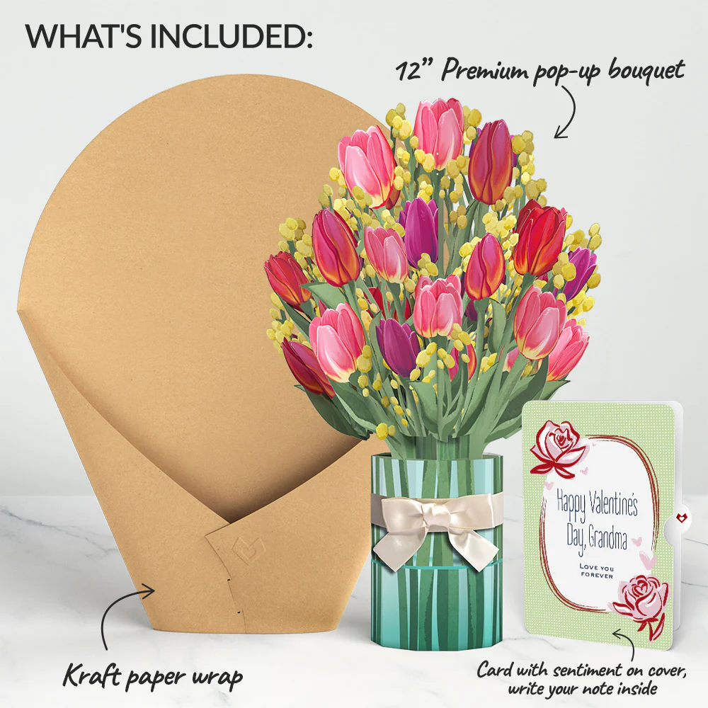 Cheerful Tulips Valentine Bouquet and Sweet Rose Sentiment Set for Grandmother - Image 2