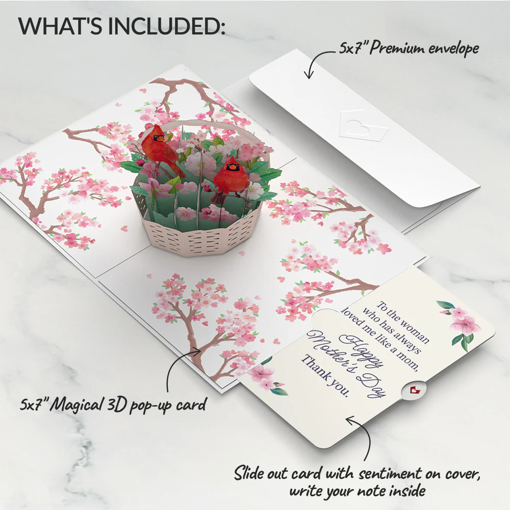 Cherry Blossom Basket with Cardinals Mother's Day Pop-Up Card and Loved Me Like A Mom Sentiment Set - Image 2
