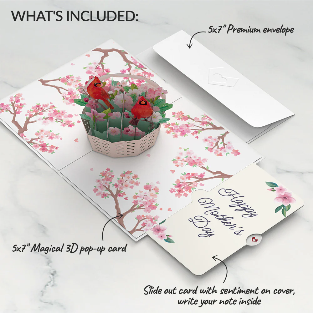 Cherry Blossom Basket with Cardinals Mother's Day Pop-Up Card and Sentiment Set - Image 2