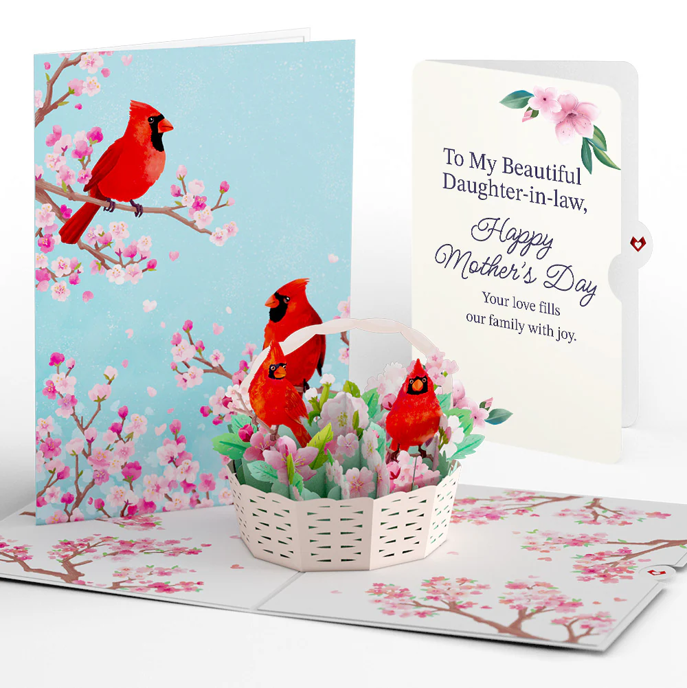 Cherry Blossom Basket with Cardinals Mother's Day Pop-Up Card and Sentiment Set for Daughter-in-law