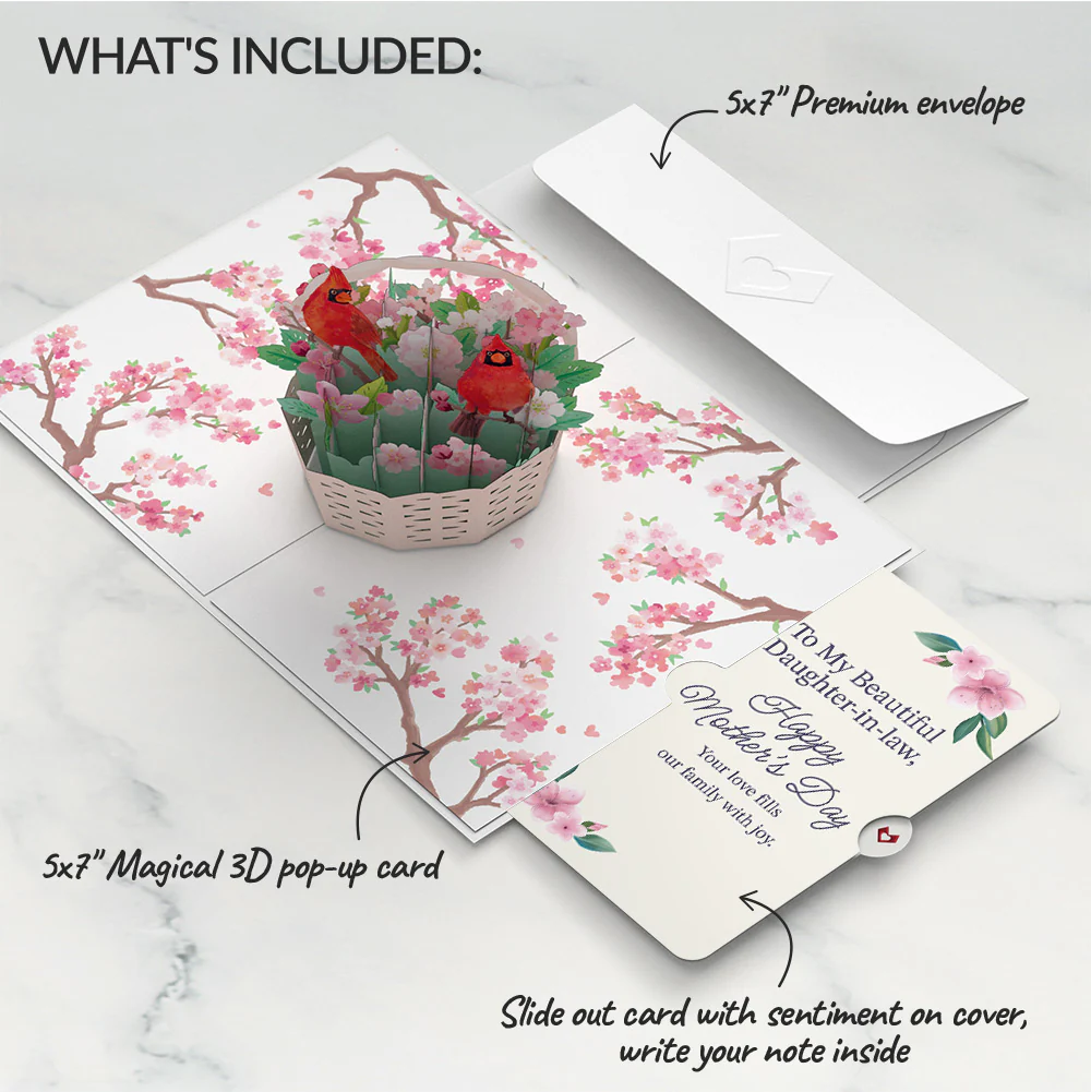 Cherry Blossom Basket with Cardinals Mother's Day Pop-Up Card and Sentiment Set for Daughter-in-law - Image 2