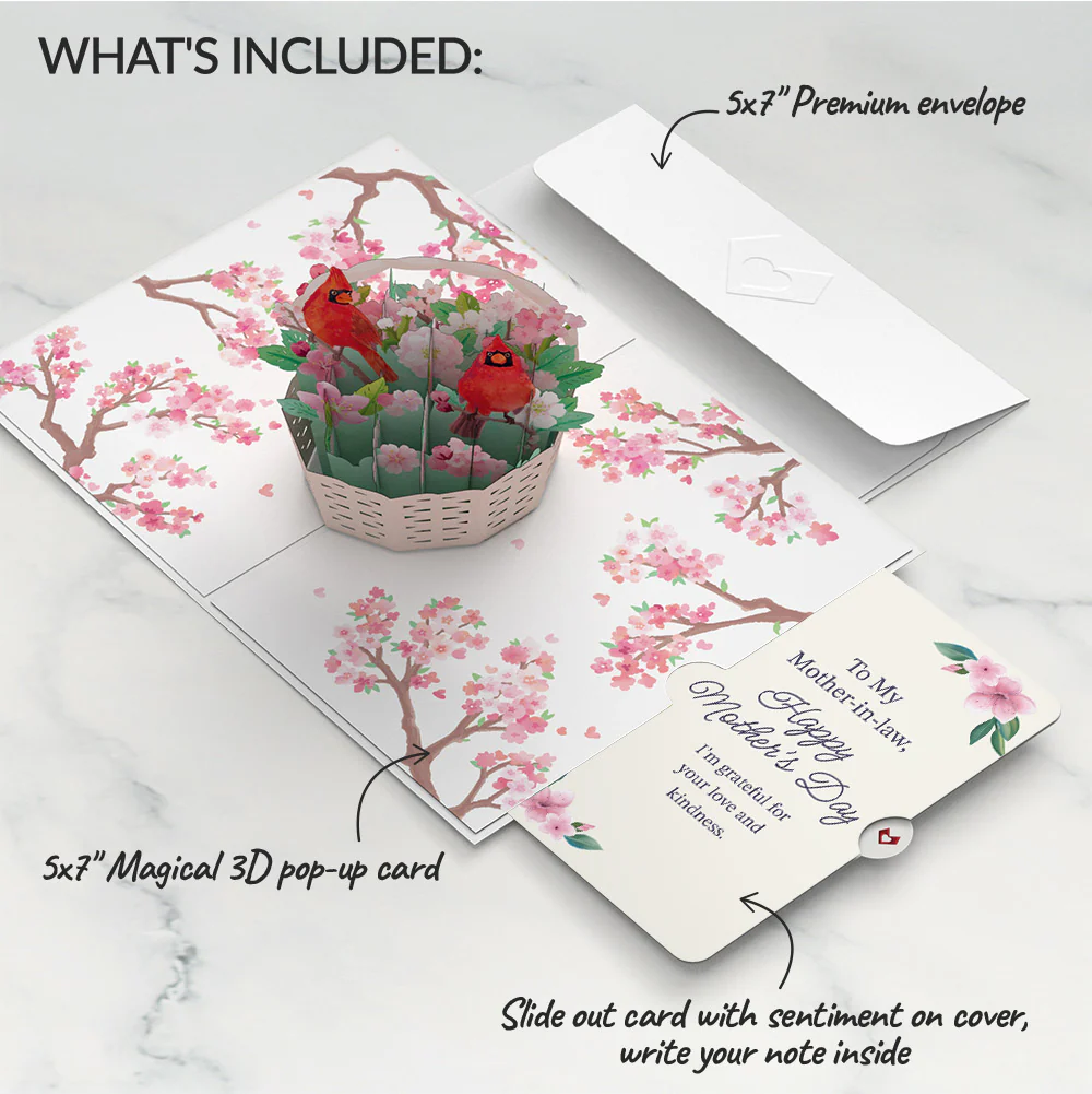 Cherry Blossom Basket with Cardinals Mother's Day Pop-Up Card and Sentiment Set for Mother-in-law - Image 2