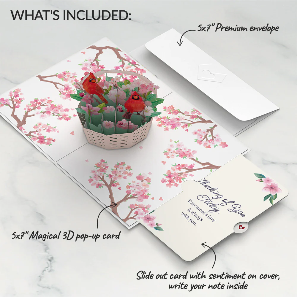 Cherry Blossom Basket with Cardinals Mother's Day Pop-Up Card and Thinking of You Today Sentiment Set - Image 2