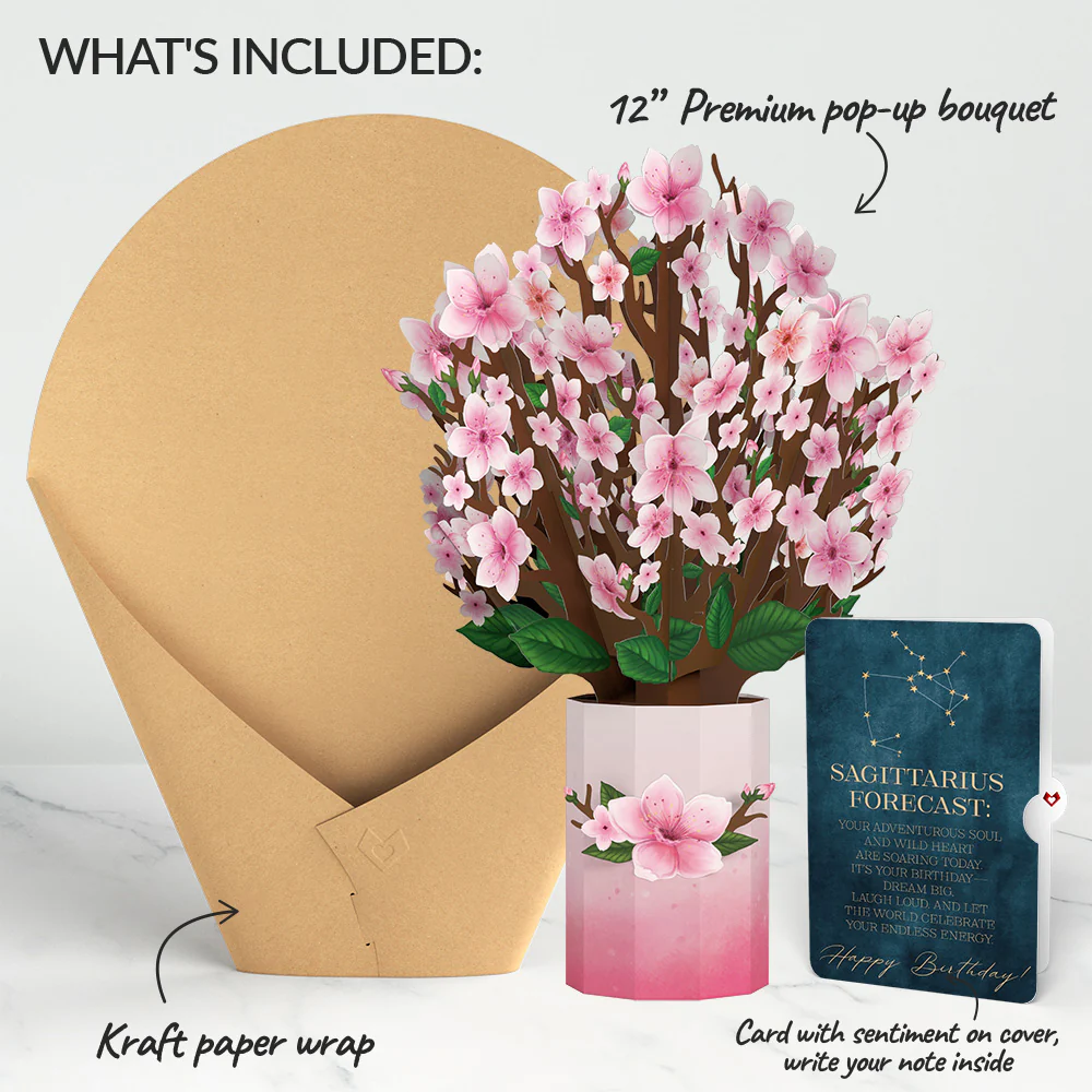 Cherry Blossom Birthday Bouquet and Sagittarius Zodiac Sentiment Set - Image 2