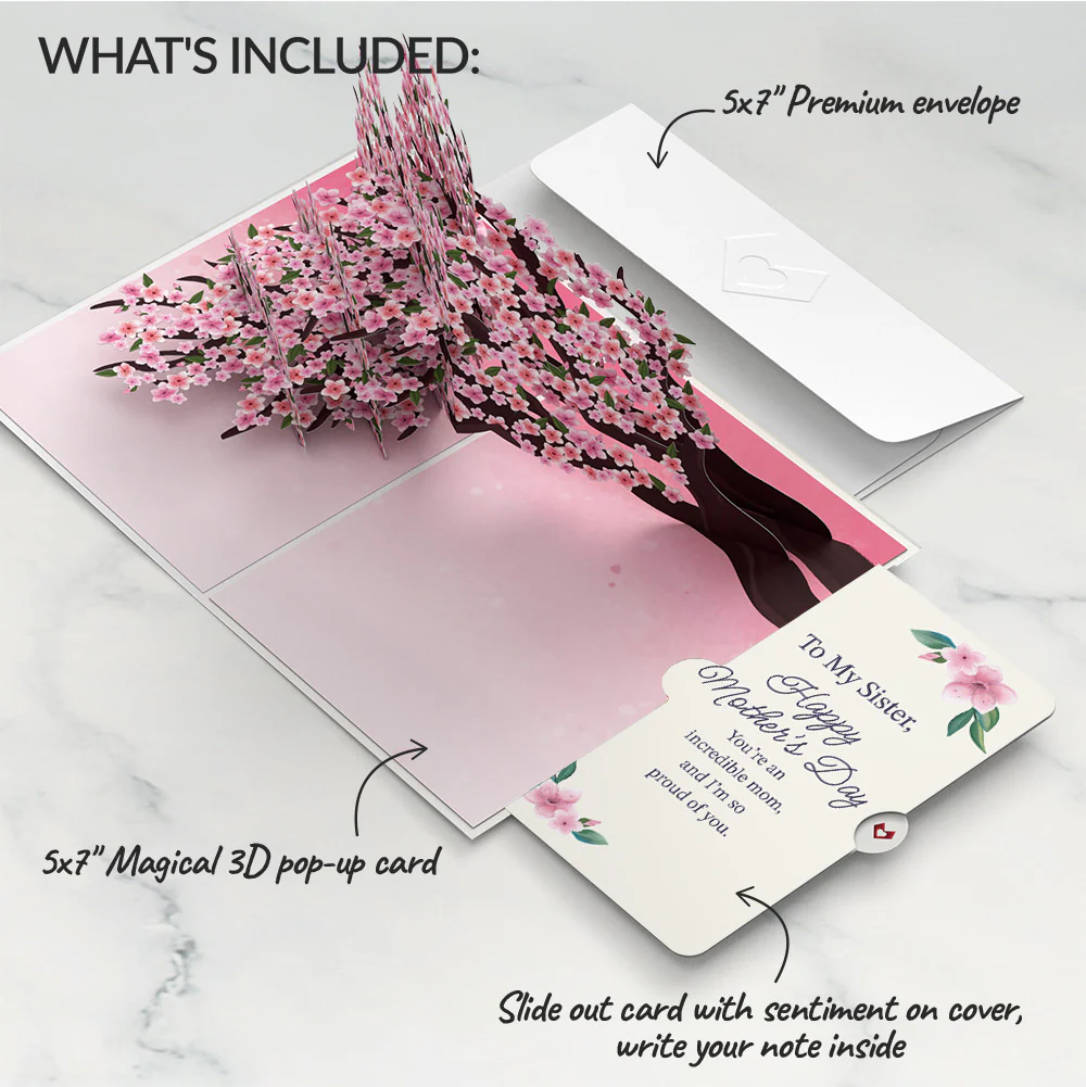 Cherry Blossom Branches in Bloom Mother's Day Pop-Up Card and Sentiment Set for Sister - Image 2