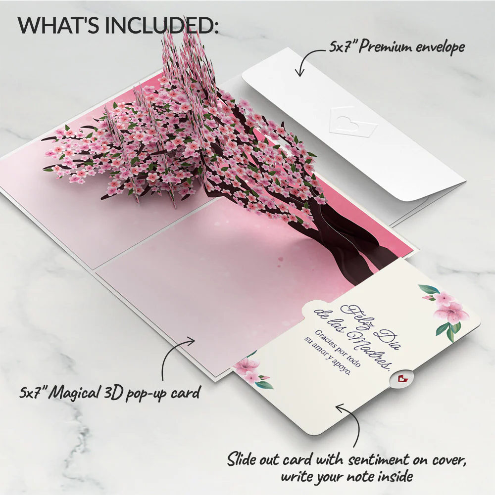 Cherry Blossom Branches in Bloom Mother's Day Pop-Up Card and Sentiment Set for Spanish Mom - Image 2