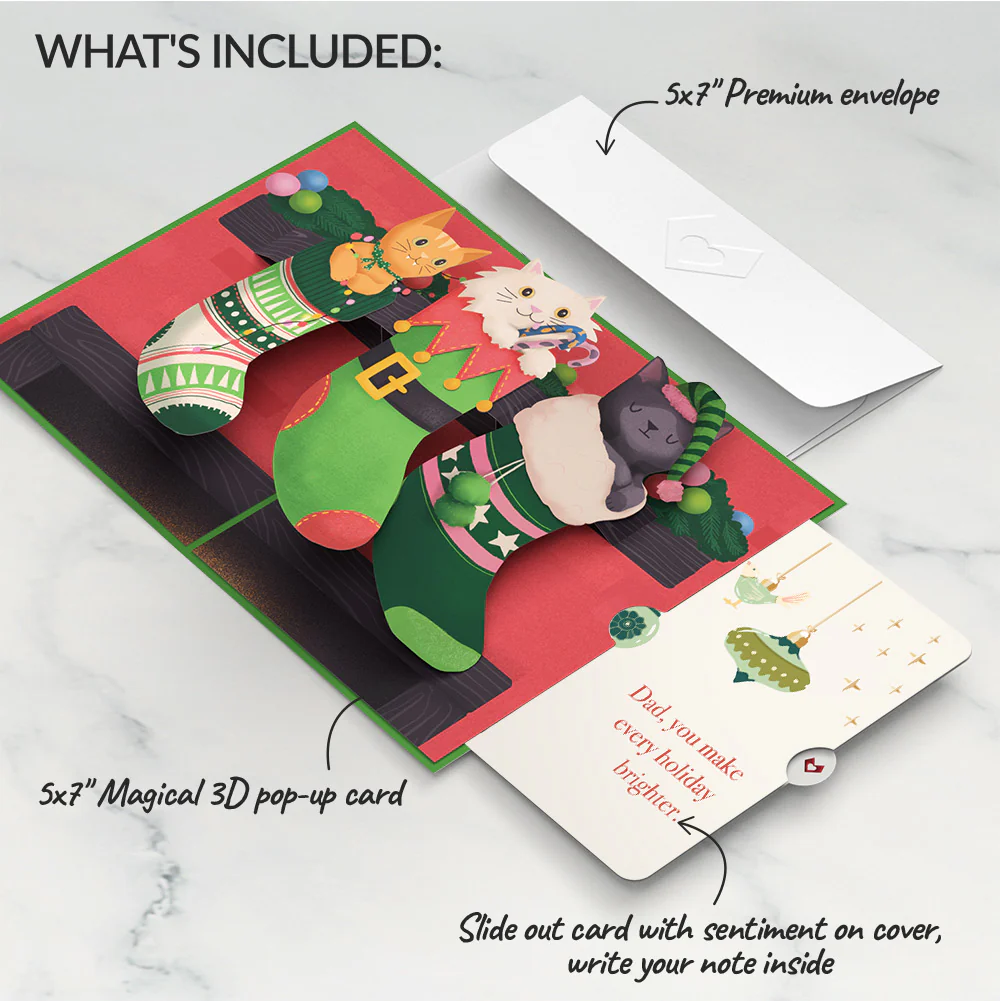 Christmas Cat Stockings Pop-Up Card and Sentiment Set for Dad - Image 2