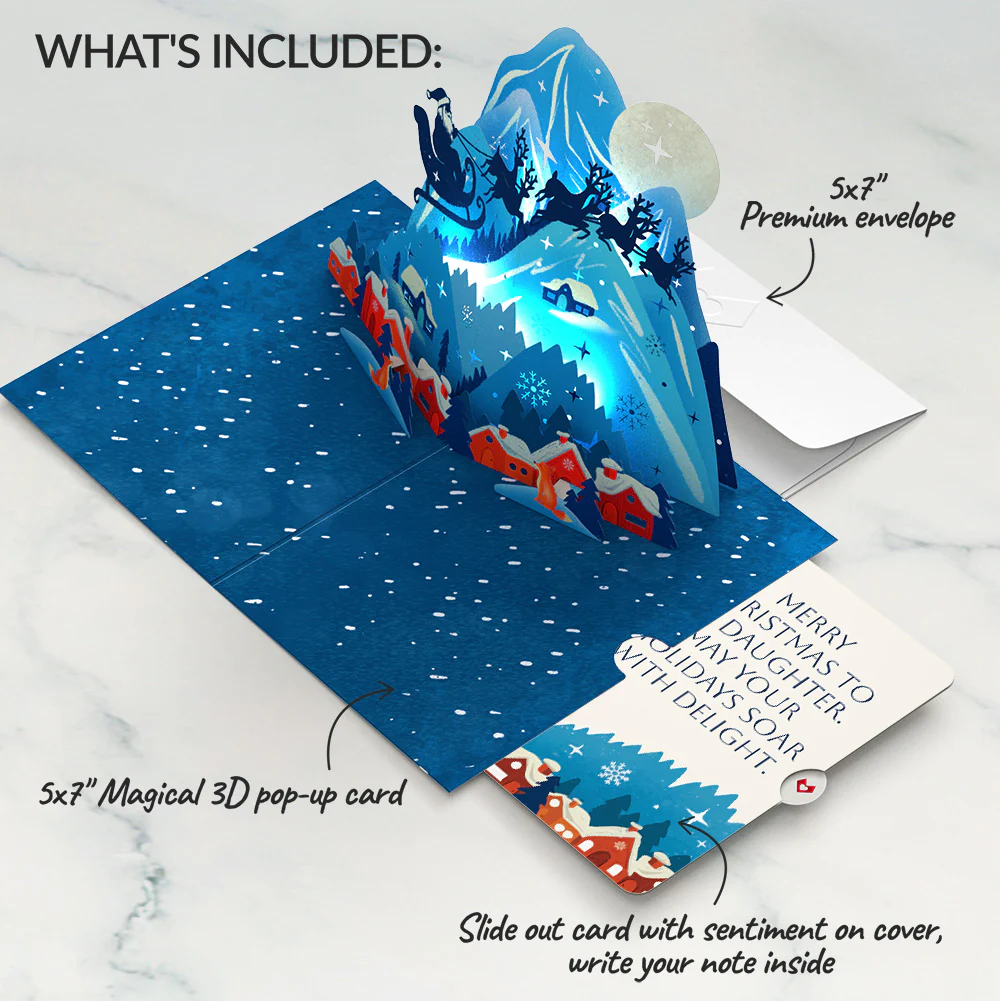 Christmas Eve Sleigh Ride Music and Lights Pop-Up Card and Snow Village Sentiment Set for Daughter - Image 2