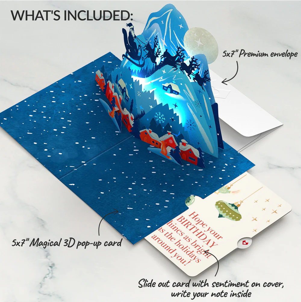 Christmas Eve Sleigh Ride Music and Lights Pop-Up Card and Twinkling Ornaments Birthday Sentiment Set - Image 2