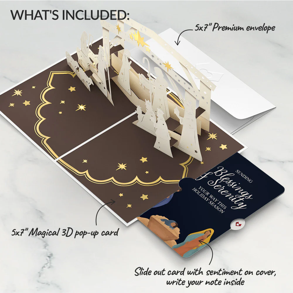 Elegant Nativity Christmas Pop-Up Card and Blessings & Serenity Sentiment Set - Image 2