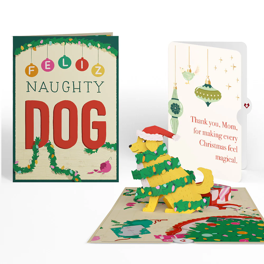 Feliz Naughty Dog Christmas Pop-Up Card and Twinkling Ornaments Sentiment Set for Mom