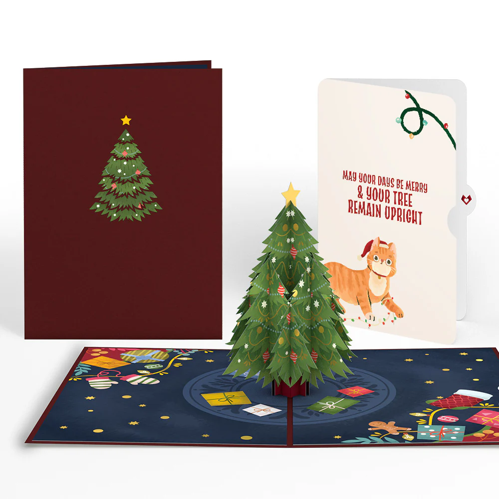 Festive Christmas Tree Pop-Up Card and Funny Cat Sentiment Set