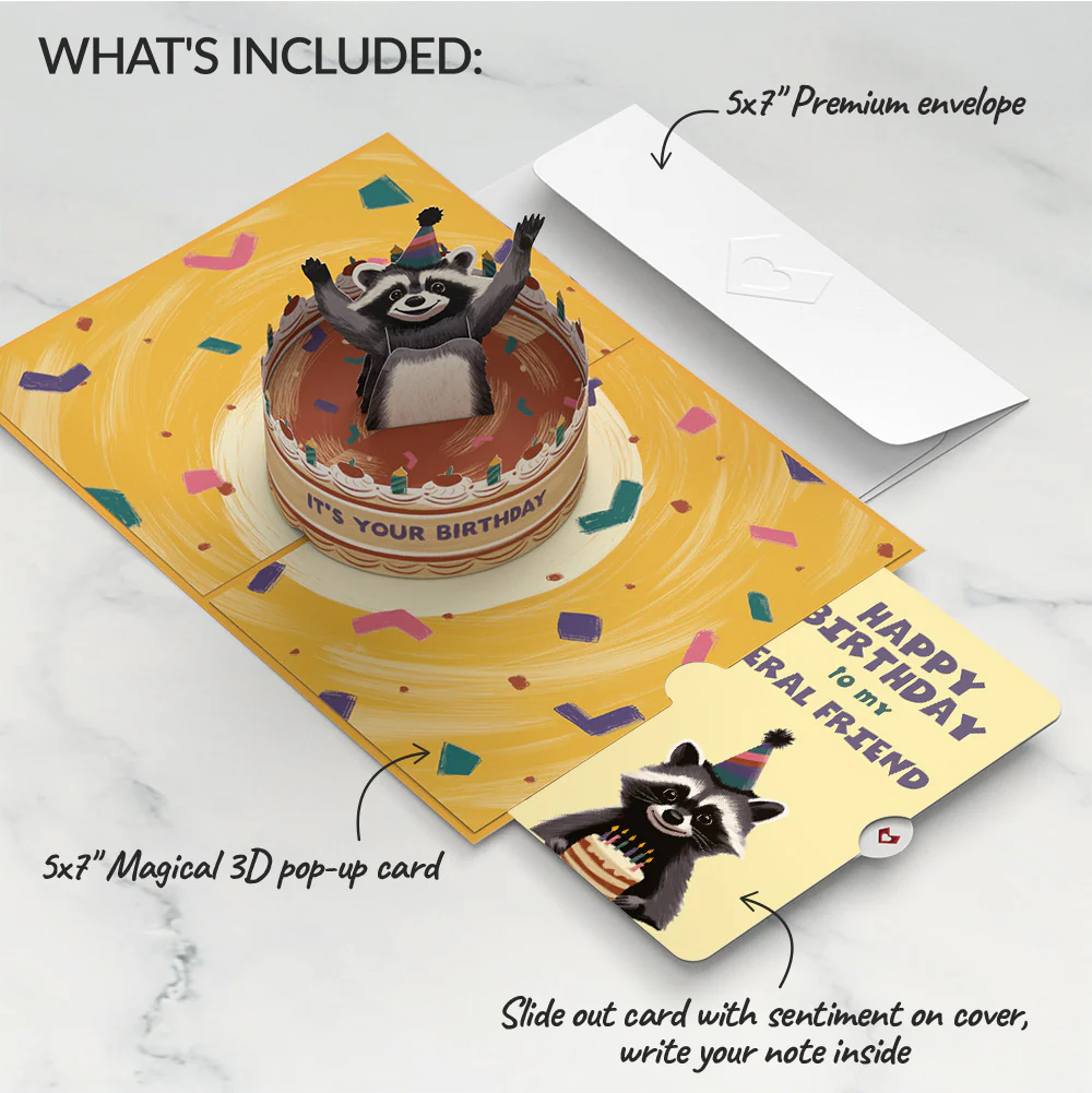 Go Feral Raccoon Birthday Pop-Up Card and Sentiment Set for Friend - Image 2