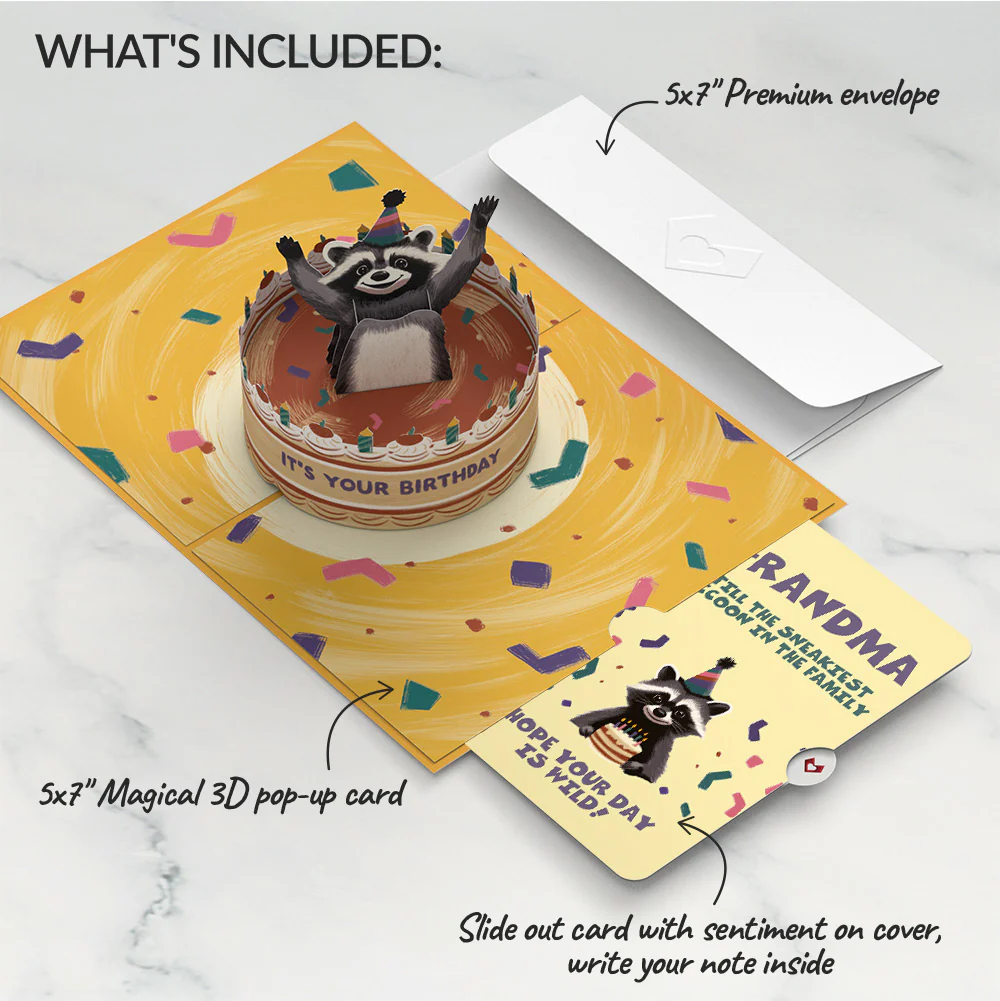 Go Feral Raccoon Birthday Pop-Up Card and Sentiment Set for Grandmother - Image 2