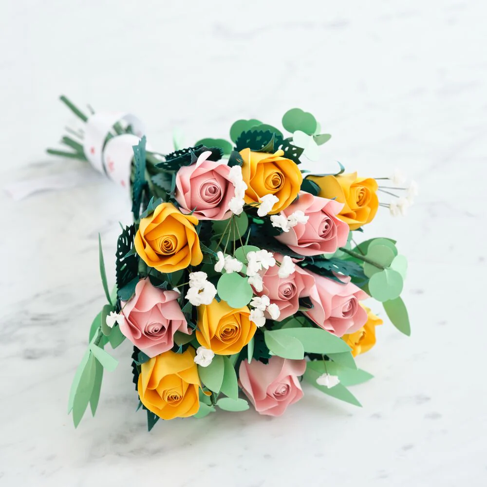 Handcrafted Paper Flowers: Pink & Yellow Roses (12 Stems) with Lovely Hummingbird Pop-Up Card - Image 5