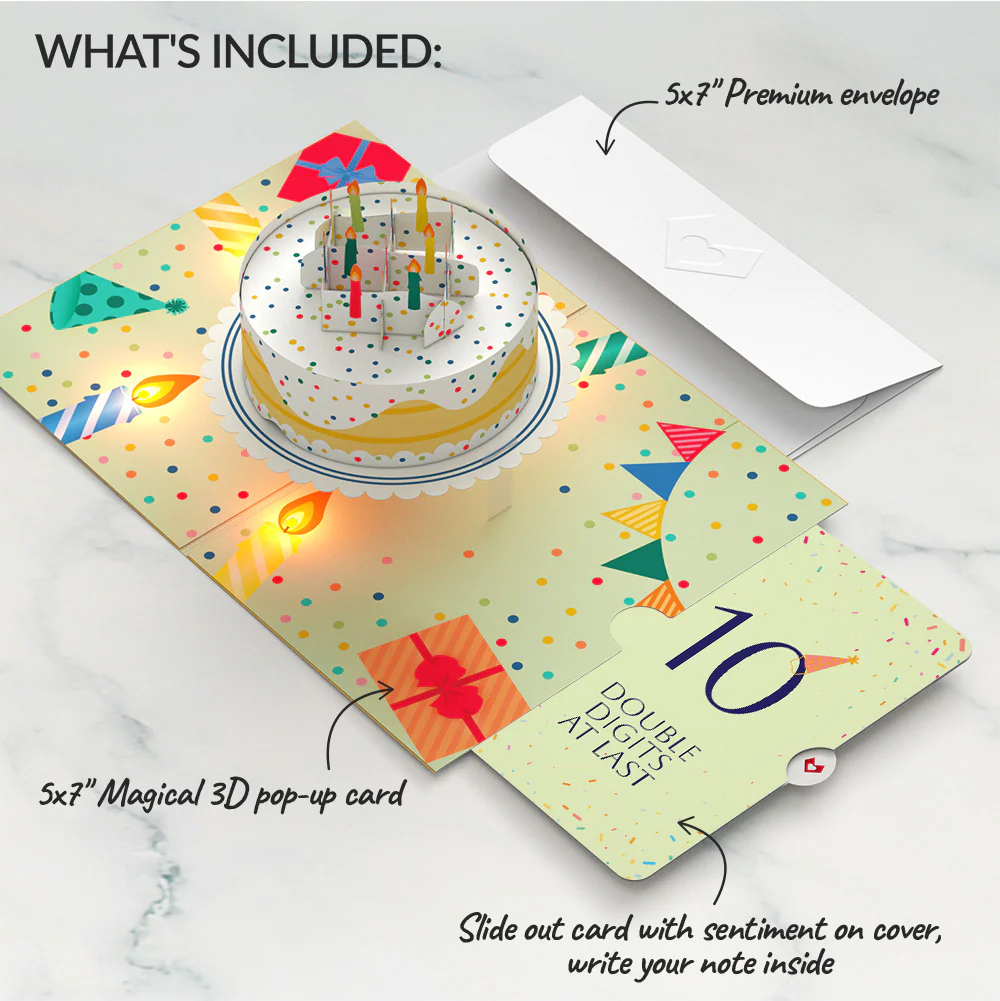 Happy 10th Birthday Confetti Cake Music and Lights Pop-Up Card and Party Hat Sentiment Set - Image 2