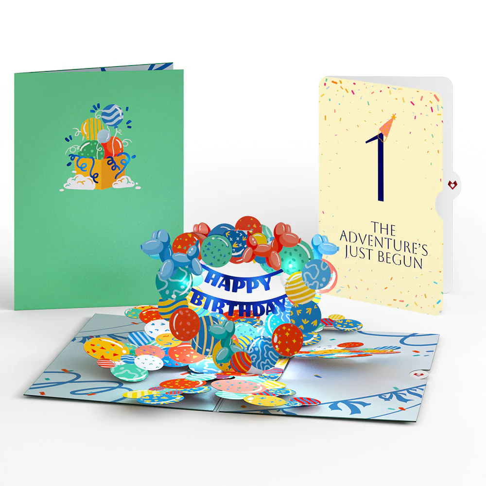 Happy 1st Birthday Balloons Music and Lights Pop-Up Card and Party Hat Sentiment Set