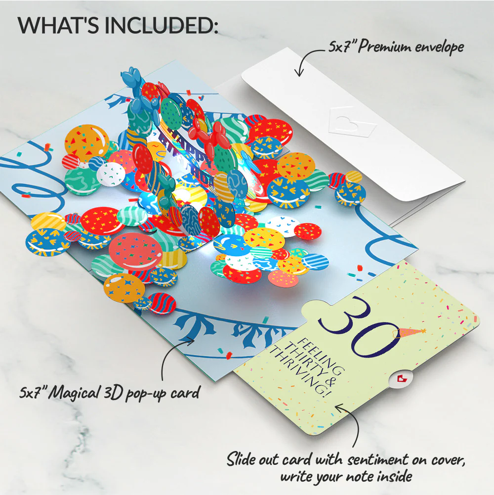 Happy 30th Birthday Balloons Music and Lights Pop-Up Card and Party Hat Sentiment Set - Image 2
