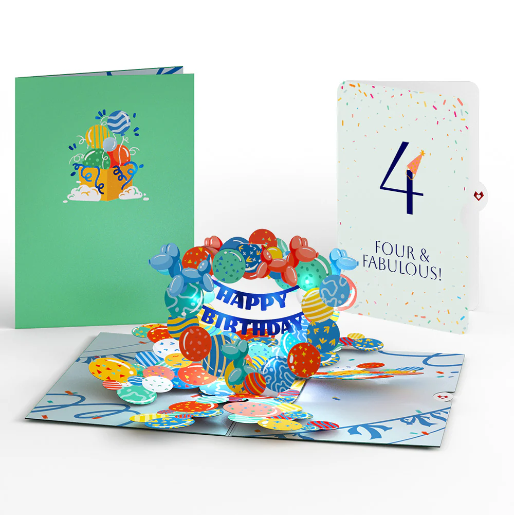 Happy 4th Birthday Balloons Music and Lights Pop-Up Card and Party Hat Sentiment Set