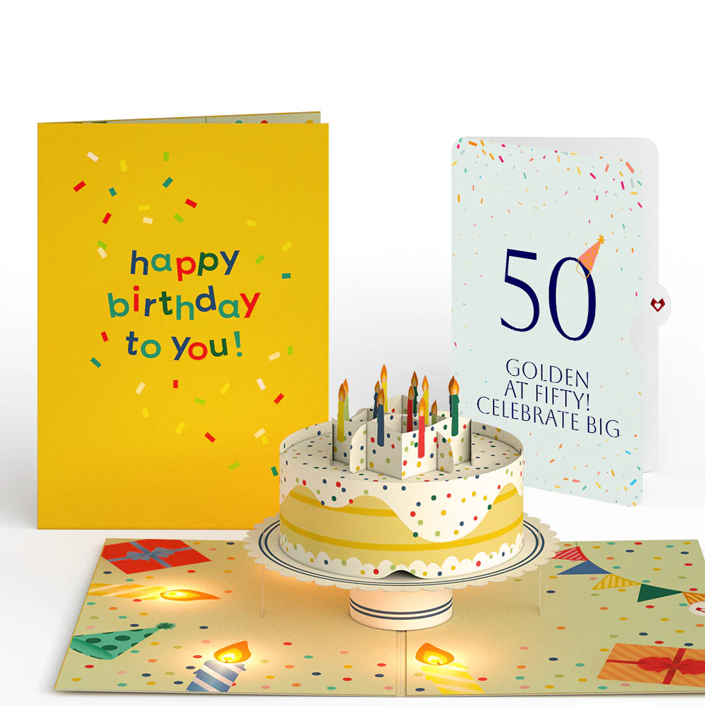 Happy 50th Birthday Confetti Cake Music and Lights Pop-Up Card and Party Hat Sentiment Set