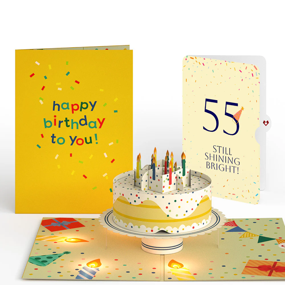 Happy 55th Birthday Confetti Cake Music and Lights Pop-Up Card and Party Hat Sentiment Set