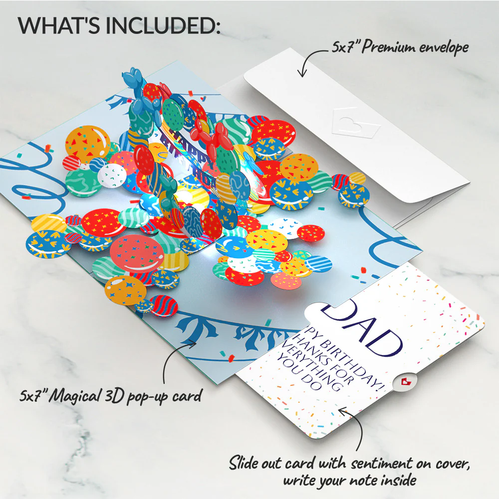 Happy Birthday Balloons Music and Lights Pop-Up Card and Sentiment Set for Dad - Image 2