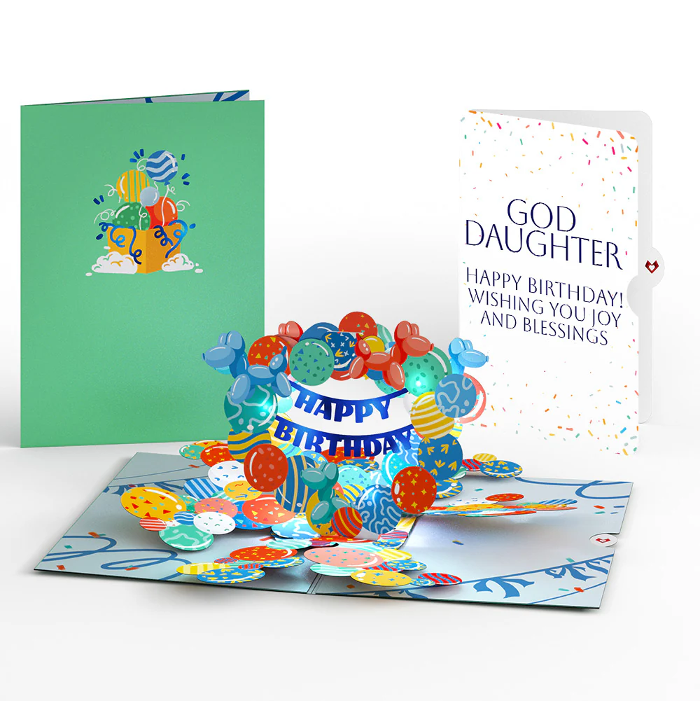 Happy Birthday Balloons Music and Lights Pop-Up Card and Sentiment Set for Goddaughter