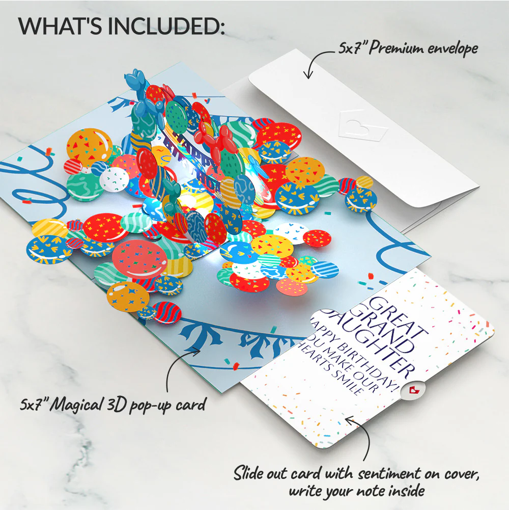 Happy Birthday Balloons Music and Lights Pop-Up Card and Sentiment Set for Great Granddaughter - Image 2