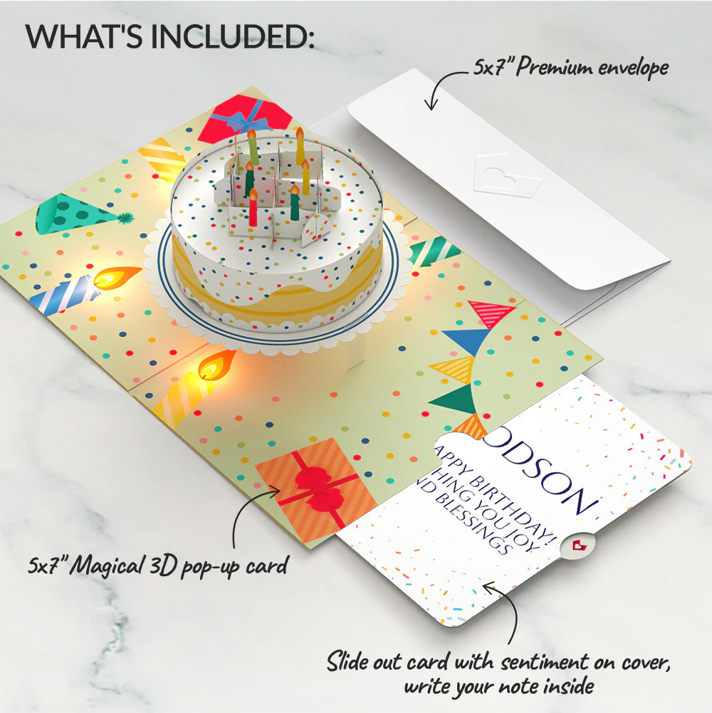 Happy Birthday Confetti Cake Music and Lights Pop-Up Card and Sentiment Set for Godson - Image 2
