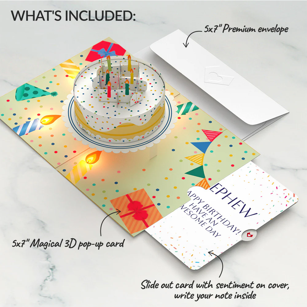 Happy Birthday Confetti Cake Music and Lights Pop-Up Card and Sentiment Set for Nephew - Image 2