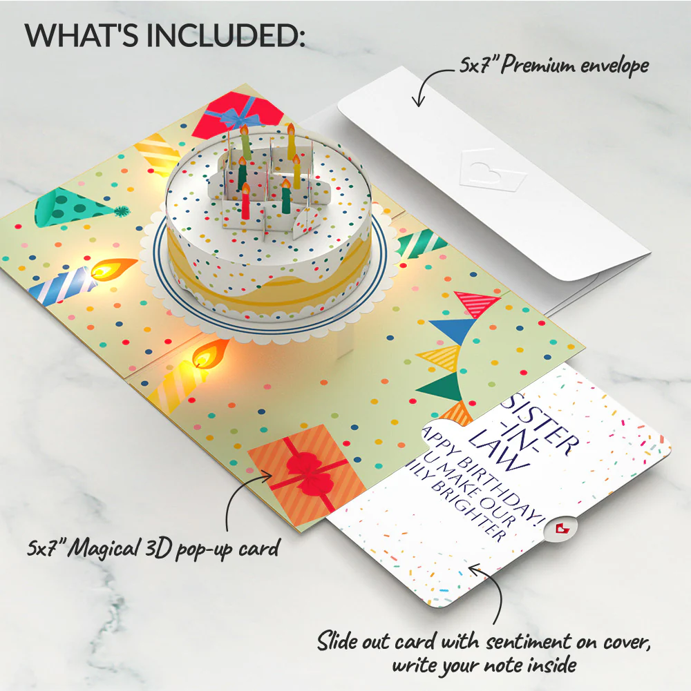 Happy Birthday Confetti Cake Music and Lights Pop-Up Card and Sentiment Set for Sister-in-law - Image 2
