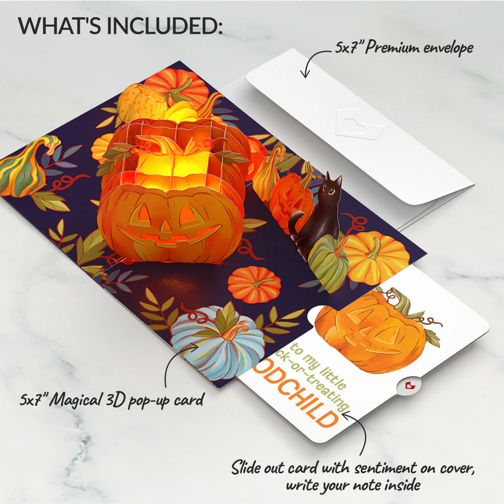 Happy Halloween Pumpkin Light-Up Pop-Up Card and Sentiment Set for Godchild - Image 2