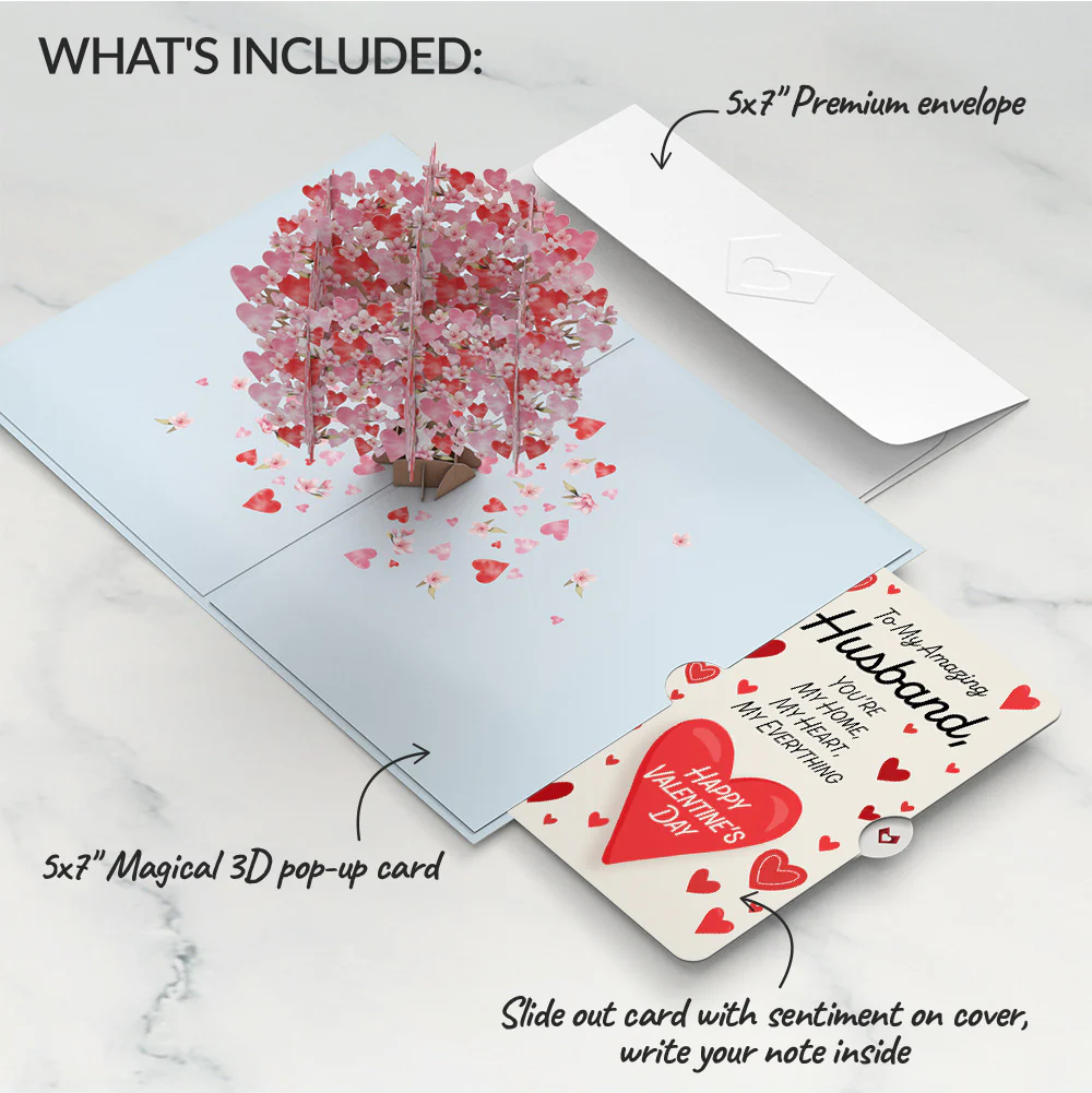 Happy Valentine's Day Cherry Blossom Tree Pop-Up Card and Sentiment Set for Husband - Image 2