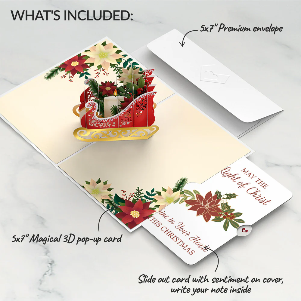 Holiday Poinsettia Sleigh Pop-Up Card and Light of Christ Sentiment Set - Image 2