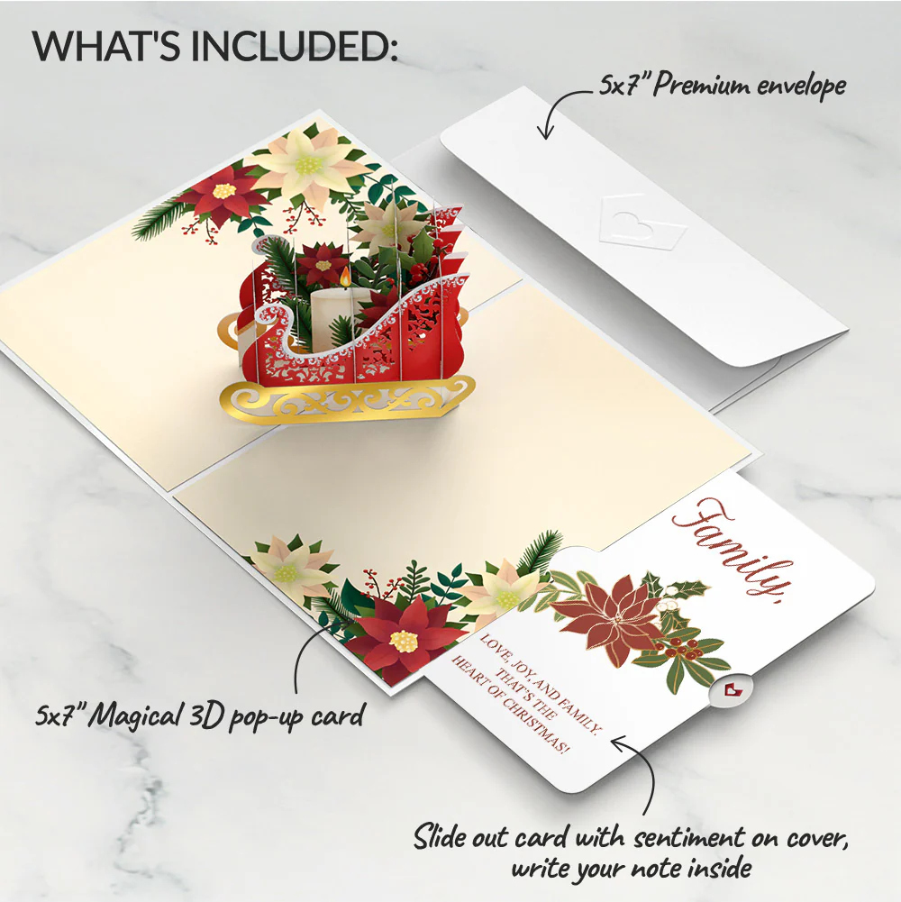 Holiday Poinsettia Sleigh Pop-Up Card and Sentiment Set for Family - Image 2