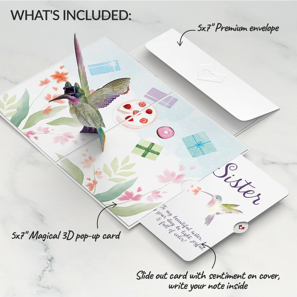 Hummingbird Birthday Pop-Up Card and Sentiment Set for Sister - Image 2