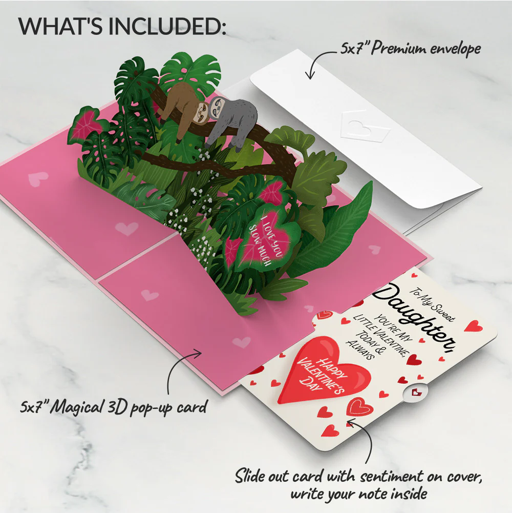I Love You Sloths Pop-Up Card and Full of Hearts Valentine Sentiment Card for Daughter - Image 2