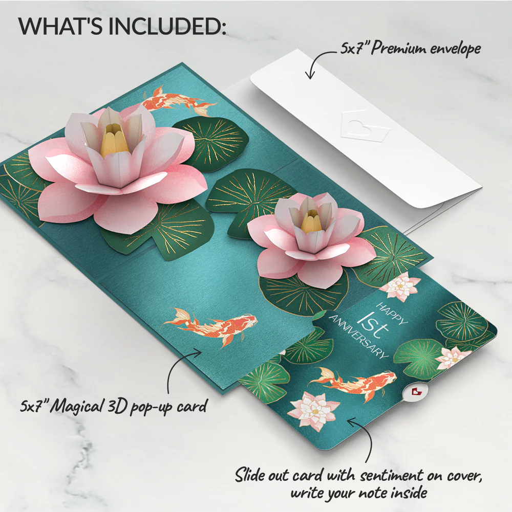Koi Fish and Lotus Pond 1st Anniversary Pop-Up Card and Sentiment Set - Image 2