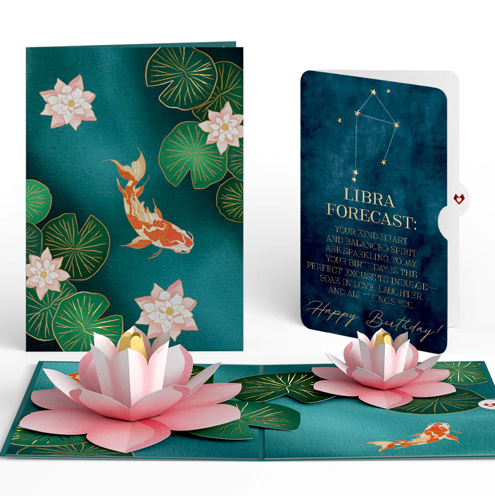 Koi Fish and Lotus Pond Birthday Pop-Up Card and Libra Zodiac Sentiment Set