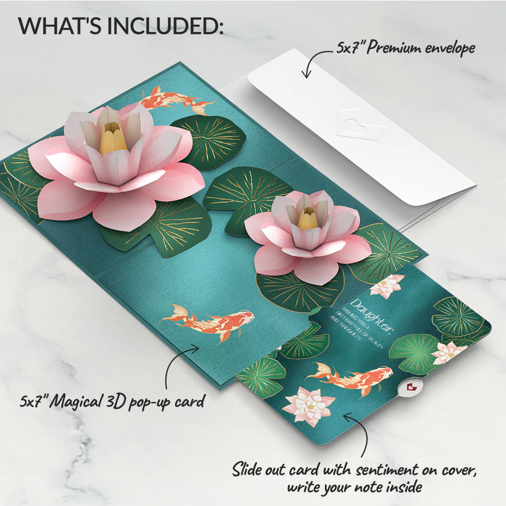 Koi Fish and Lotus Pond Birthday Pop-Up Card and Sentiment Set for Daughter - Image 2