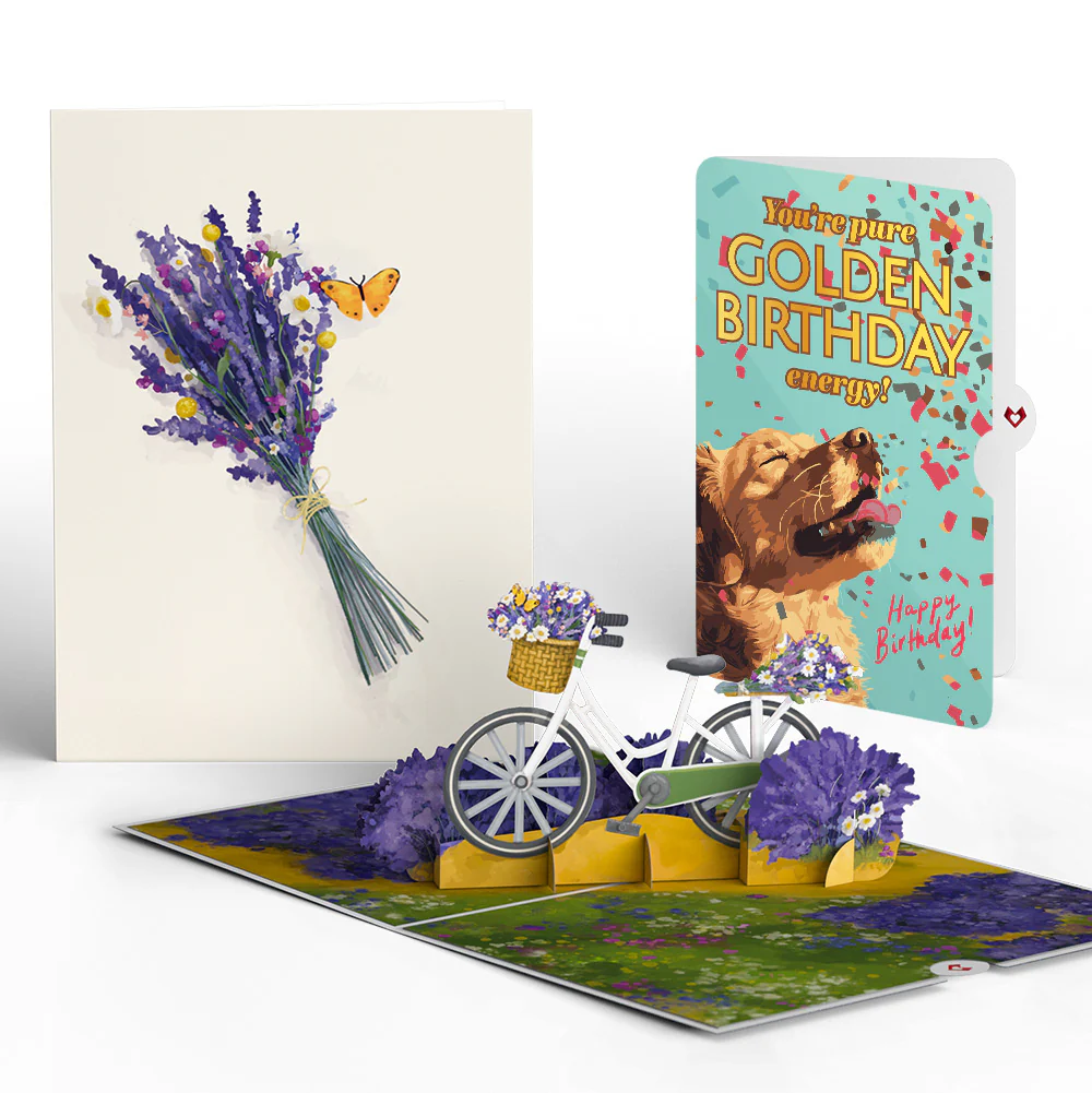 Lavender Bicycle Birthday Pop-Up Card and Golden Energy Sentiment Set