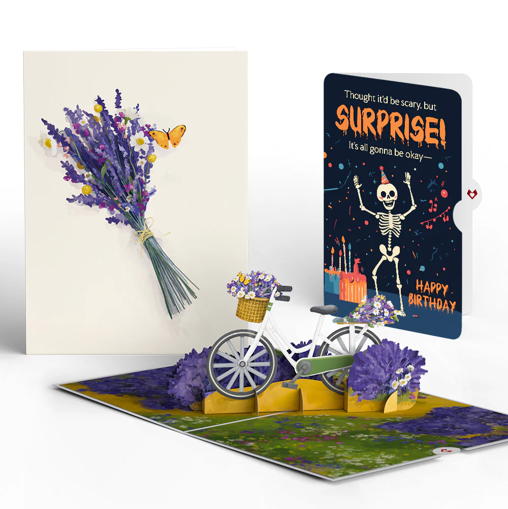 Lavender Bicycle Birthday Pop-Up Card and Surprise Skeleton Sentiment Set